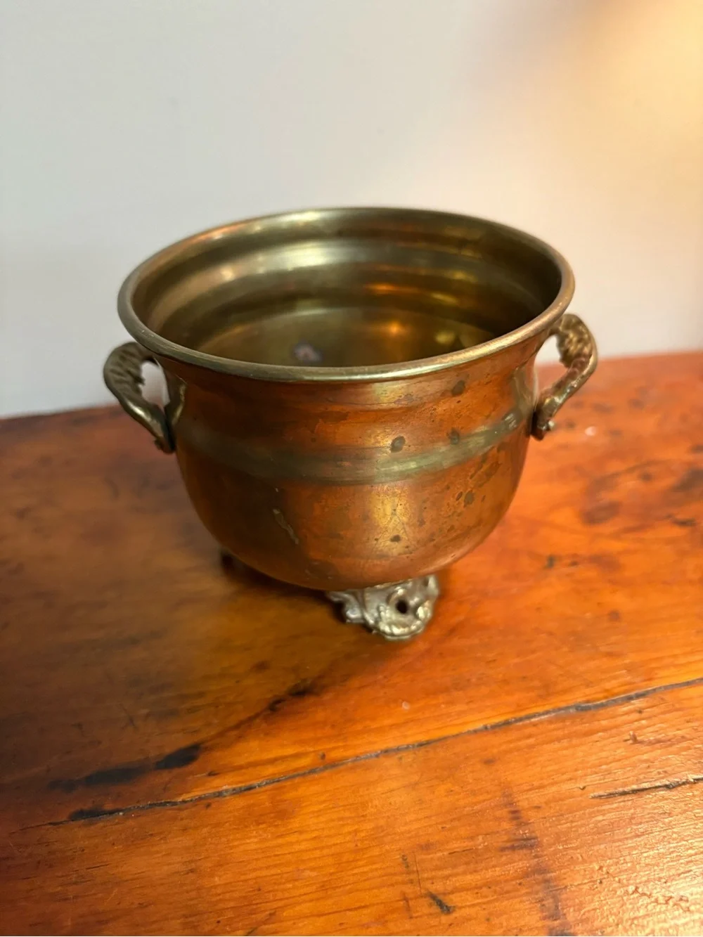 Antique-Style Brass Footed Planter with Handles Curved Handles 3.5x4”